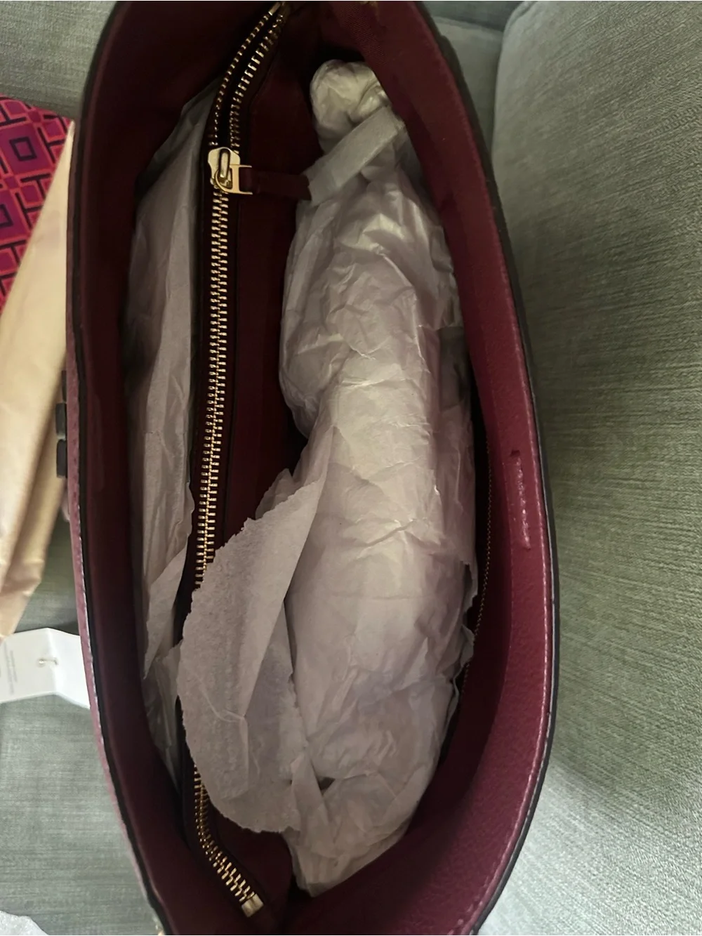 Tory Burch Burgundy Pebbled Leather Shoulder Bag with Gold Chain Detail